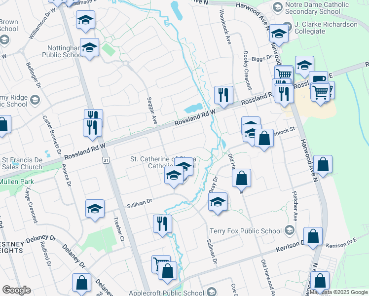 map of restaurants, bars, coffee shops, grocery stores, and more near 18 Keeble Crescent in Ajax
