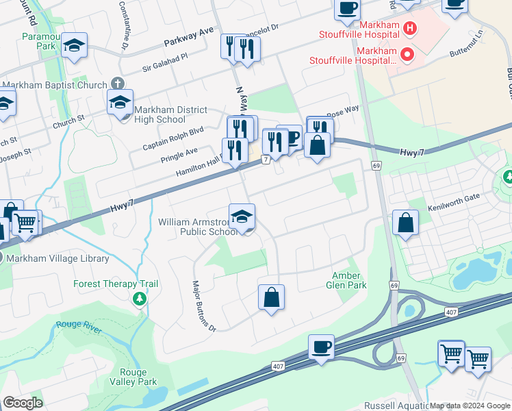 map of restaurants, bars, coffee shops, grocery stores, and more near 17 Wootten Way South in Markham