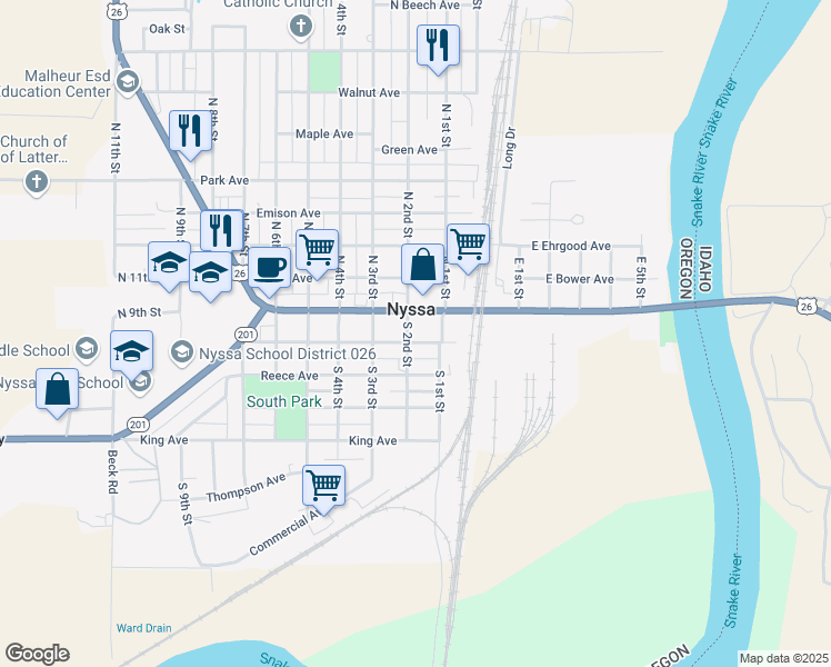 map of restaurants, bars, coffee shops, grocery stores, and more near 122 Good Avenue in Nyssa