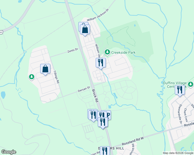 map of restaurants, bars, coffee shops, grocery stores, and more near Pure Springs Boulevard in Pickering