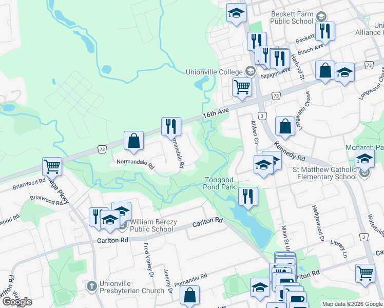 map of restaurants, bars, coffee shops, grocery stores, and more near in Markham