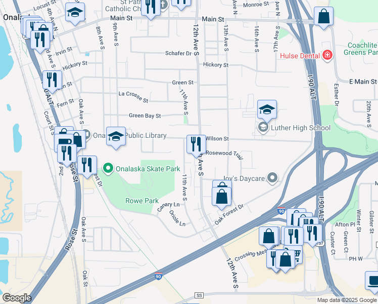 map of restaurants, bars, coffee shops, grocery stores, and more near 713 11th Avenue South in Onalaska