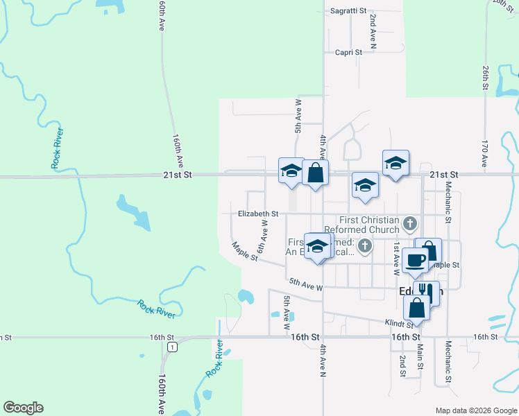 map of restaurants, bars, coffee shops, grocery stores, and more near 507 6th Avenue West in Edgerton