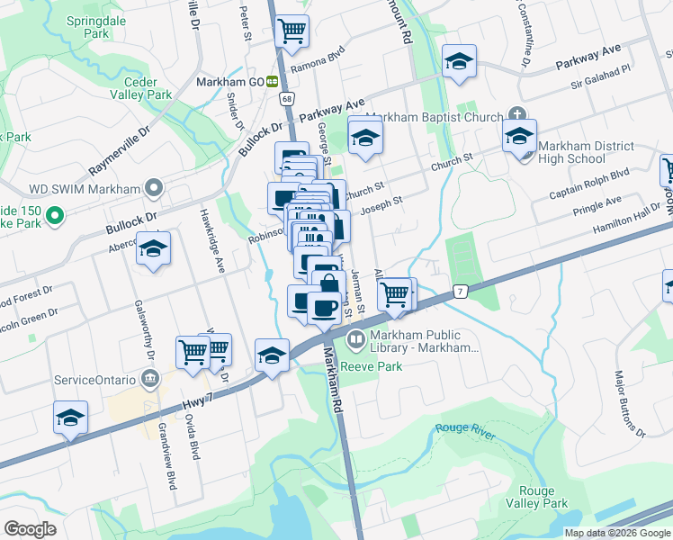 map of restaurants, bars, coffee shops, grocery stores, and more near 10 Centre Street in Markham