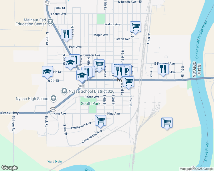 map of restaurants, bars, coffee shops, grocery stores, and more near 313 Main St in Nyssa