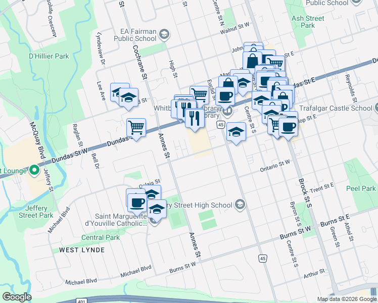 map of restaurants, bars, coffee shops, grocery stores, and more near 706 Dunlop Street West in Whitby