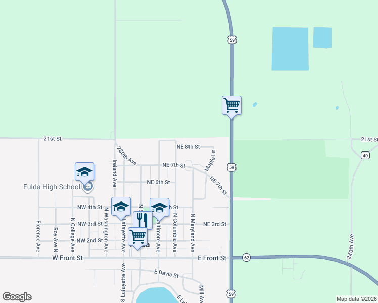 map of restaurants, bars, coffee shops, grocery stores, and more near 303 Northeast 8th Street in Fulda