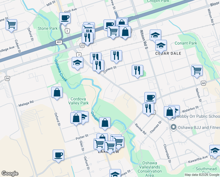 map of restaurants, bars, coffee shops, grocery stores, and more near 19 Whiting Avenue in Oshawa
