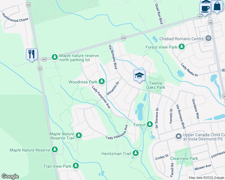 map of restaurants, bars, coffee shops, grocery stores, and more near Dimarino Drive in Vaughan