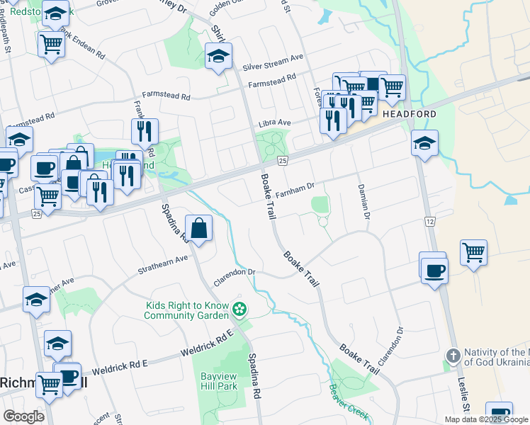 map of restaurants, bars, coffee shops, grocery stores, and more near 238 Boake Trail in Richmond Hill