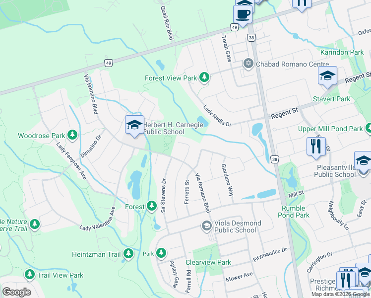 map of restaurants, bars, coffee shops, grocery stores, and more near 229 Rivermill Crescent in Vaughan