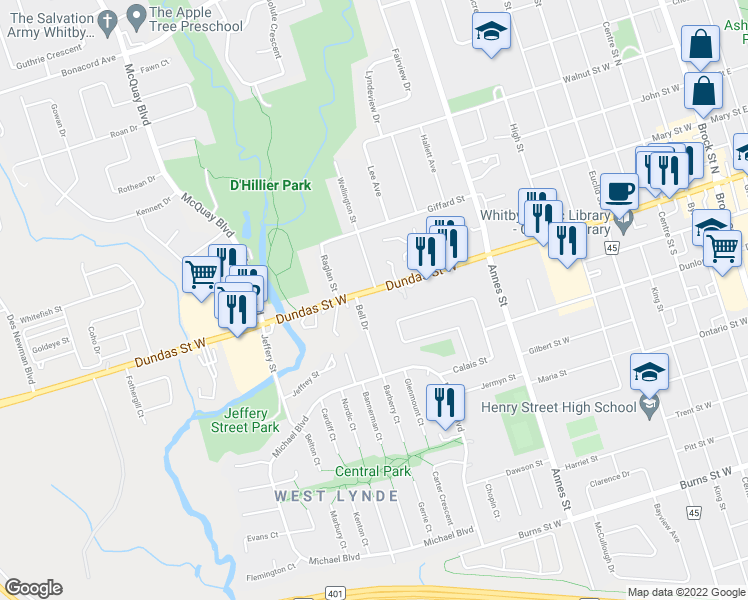 map of restaurants, bars, coffee shops, grocery stores, and more near 869 Dundas Street West in Whitby