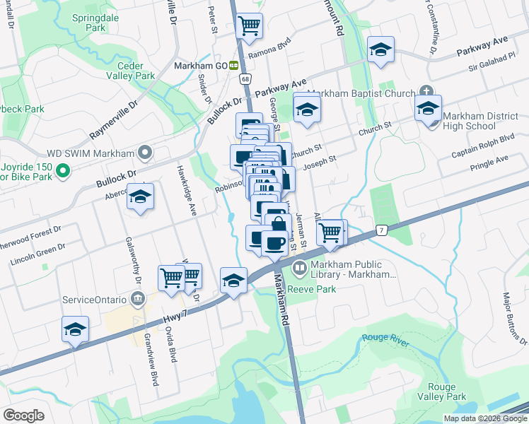 map of restaurants, bars, coffee shops, grocery stores, and more near 68 Main Street Markham North in Markham