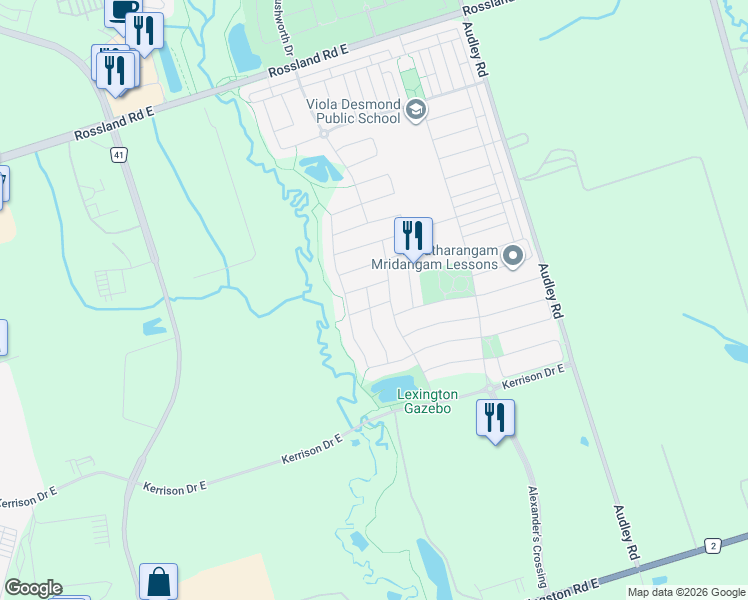 map of restaurants, bars, coffee shops, grocery stores, and more near 27 Weatherby Avenue in Ajax