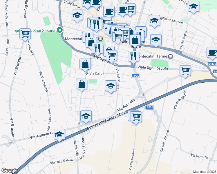 map of restaurants, bars, coffee shops, grocery stores, and more near 15 Via Po in Montecatini Terme