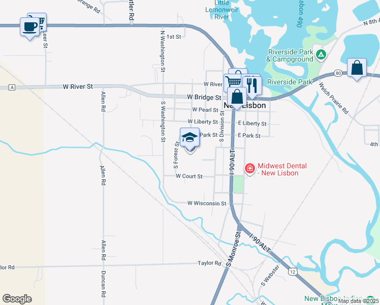 map of restaurants, bars, coffee shops, grocery stores, and more near 11 South Forest Street in New Lisbon