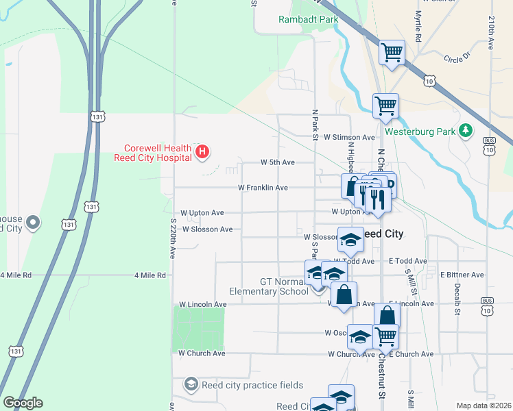 map of restaurants, bars, coffee shops, grocery stores, and more near 112 North State Street in Reed City