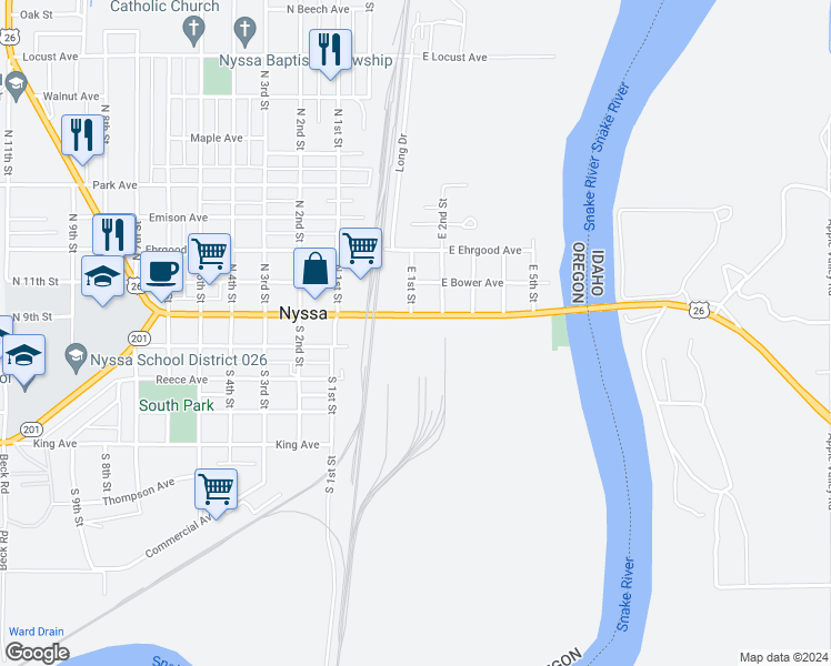 map of restaurants, bars, coffee shops, grocery stores, and more near 105 East Main Street in Nyssa