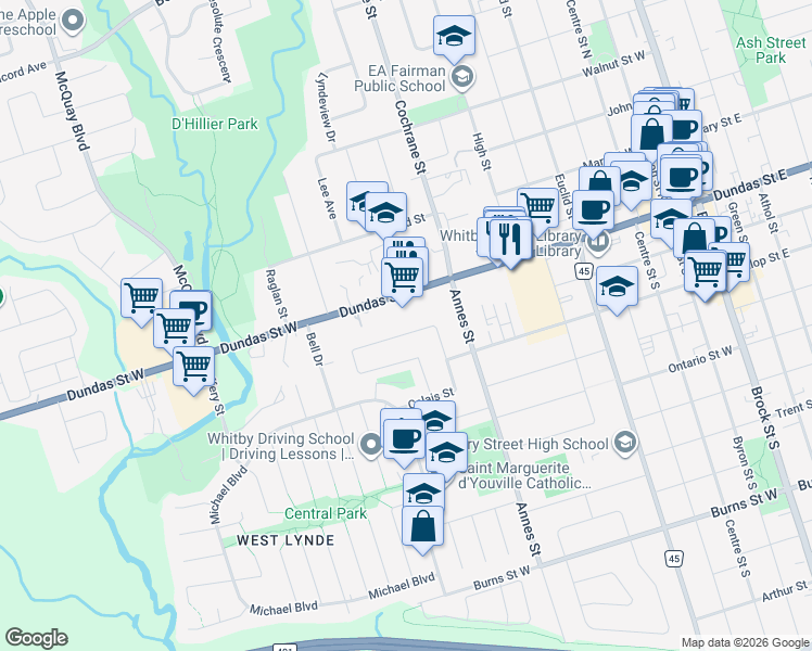 map of restaurants, bars, coffee shops, grocery stores, and more near 69 Calais Street in Whitby