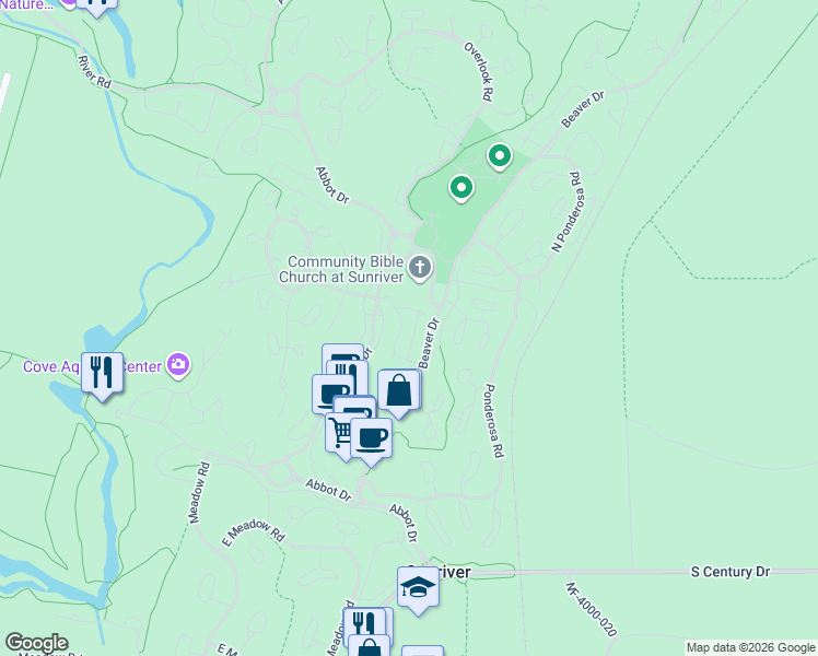 map of restaurants, bars, coffee shops, grocery stores, and more near 57142 Evergreen Loop in Sunriver