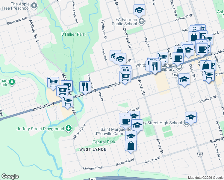 map of restaurants, bars, coffee shops, grocery stores, and more near 859 Dundas Street West in Whitby