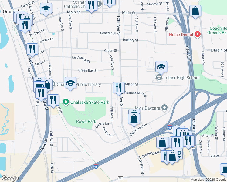 map of restaurants, bars, coffee shops, grocery stores, and more near 713 11th Avenue South in Onalaska