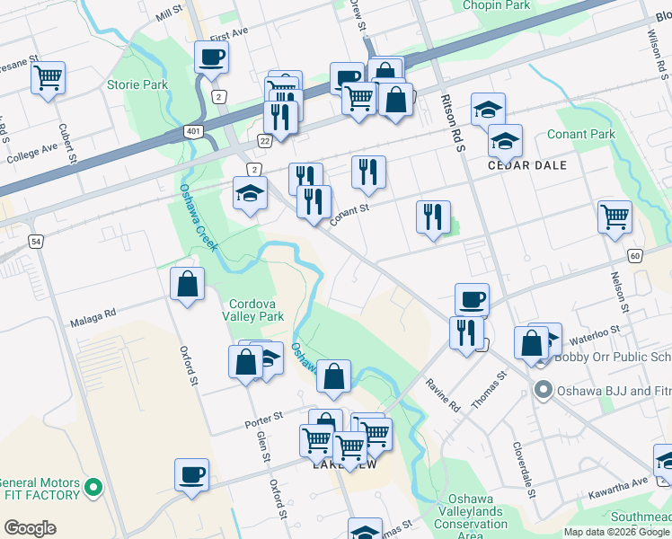 map of restaurants, bars, coffee shops, grocery stores, and more near 26 Whiting Avenue in Oshawa