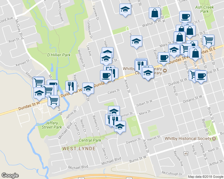 map of restaurants, bars, coffee shops, grocery stores, and more near 69 Calais Street in Whitby