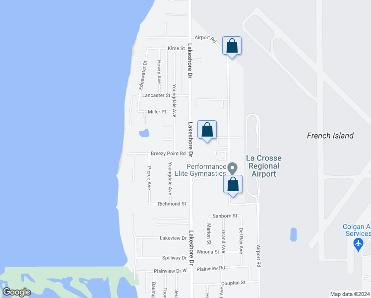 map of restaurants, bars, coffee shops, grocery stores, and more near 3005 Lakeshore Drive in La Crosse