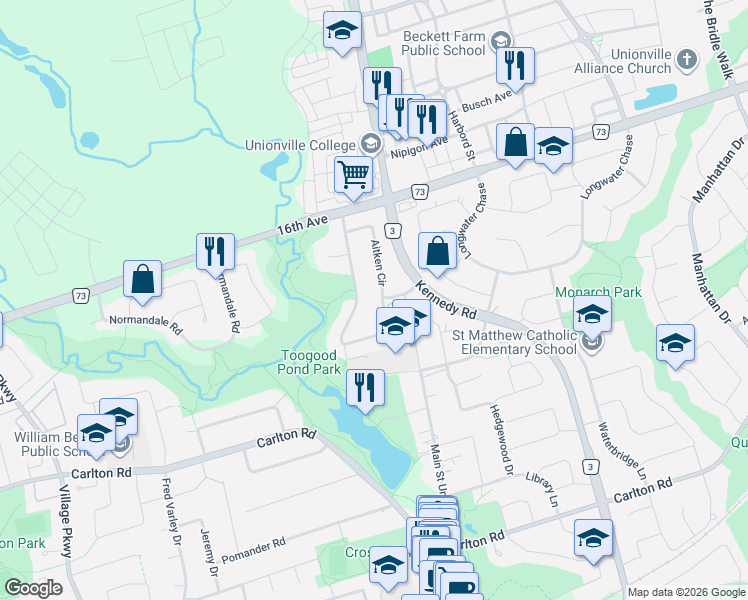 map of restaurants, bars, coffee shops, grocery stores, and more near 99 Aitken Circle in Markham