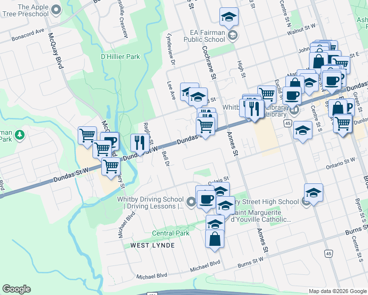 map of restaurants, bars, coffee shops, grocery stores, and more near 859 Dundas Street West in Whitby