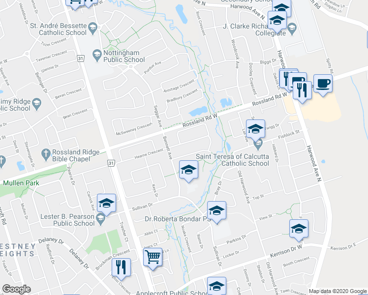 map of restaurants, bars, coffee shops, grocery stores, and more near 68 Keeble Crescent in Ajax