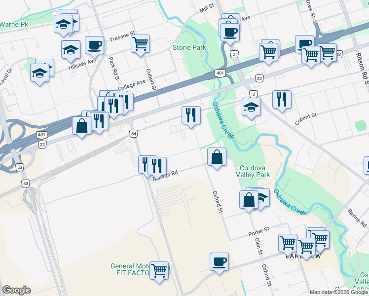 map of restaurants, bars, coffee shops, grocery stores, and more near 230 Cordova Road in Oshawa