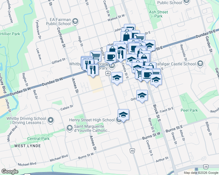 map of restaurants, bars, coffee shops, grocery stores, and more near 507 Dunlop Street West in Whitby