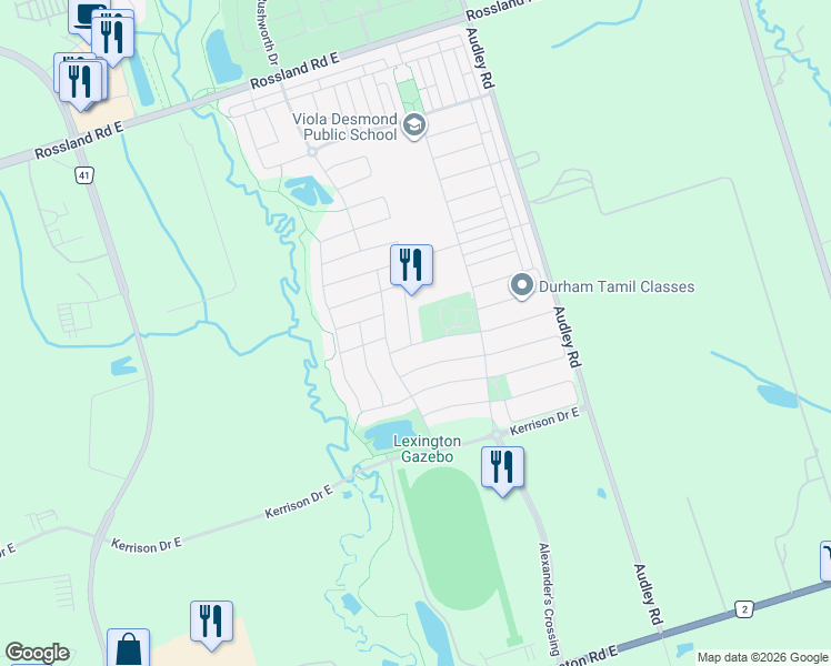 map of restaurants, bars, coffee shops, grocery stores, and more near 3 Headon Avenue in Ajax