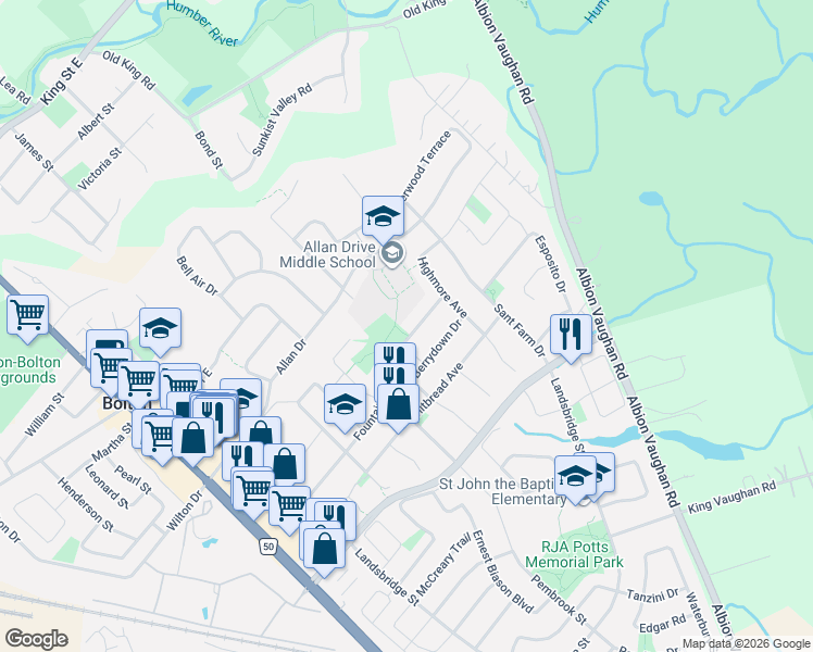 map of restaurants, bars, coffee shops, grocery stores, and more near 74 Fountainbridge Drive in Bolton