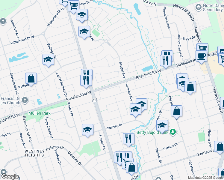 map of restaurants, bars, coffee shops, grocery stores, and more near 16 Shipp Crescent in Ajax