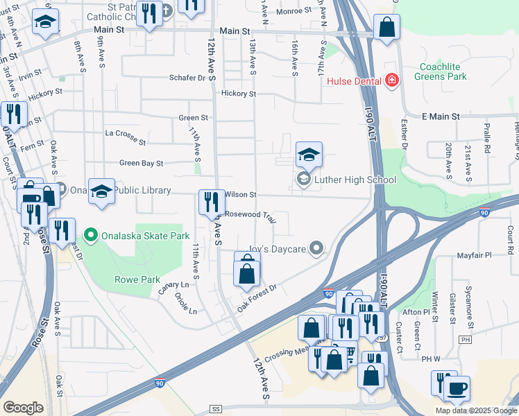 map of restaurants, bars, coffee shops, grocery stores, and more near 1303 Rosewood Trail in Onalaska