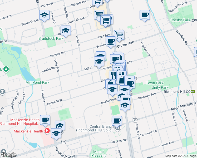 map of restaurants, bars, coffee shops, grocery stores, and more near 36 Hall Street in Richmond Hill