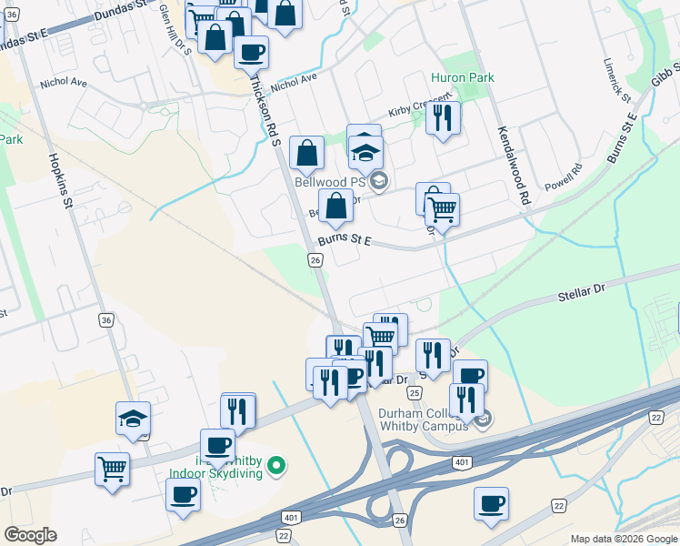 map of restaurants, bars, coffee shops, grocery stores, and more near 24 Murkar Crescent in Whitby