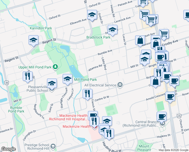 map of restaurants, bars, coffee shops, grocery stores, and more near 243 Mill Street in Richmond Hill