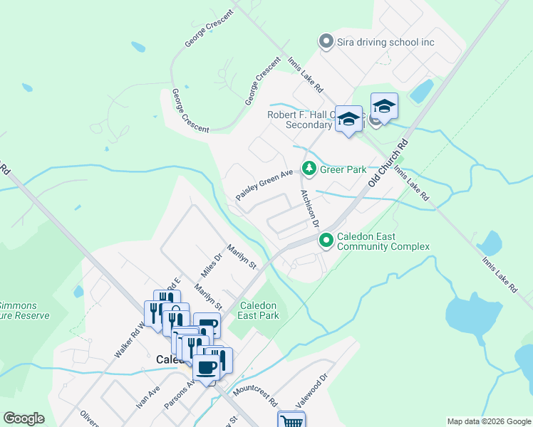 map of restaurants, bars, coffee shops, grocery stores, and more near 28 Boyces Creek Court in Regional Municipality of Peel
