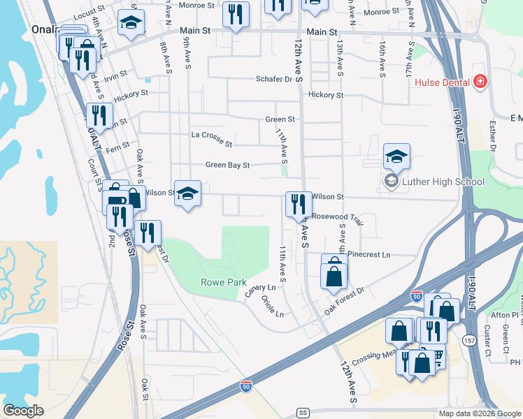 map of restaurants, bars, coffee shops, grocery stores, and more near 1023 Lincoln Street in Onalaska