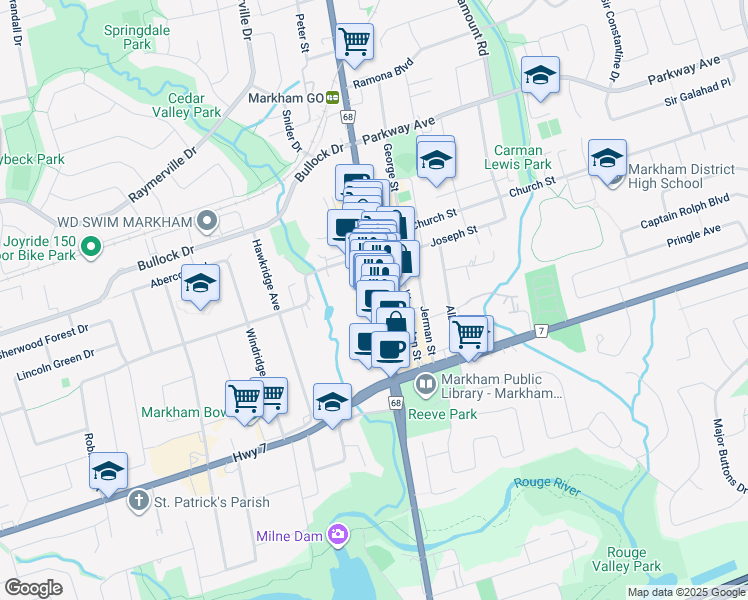 map of restaurants, bars, coffee shops, grocery stores, and more near 68 Main Street Markham North in Markham