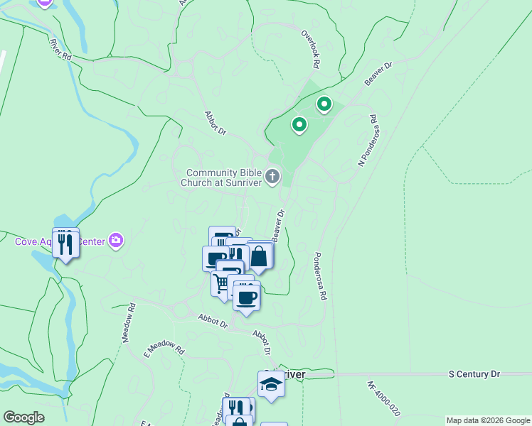 map of restaurants, bars, coffee shops, grocery stores, and more near 57142 Evergreen Loop in Sunriver