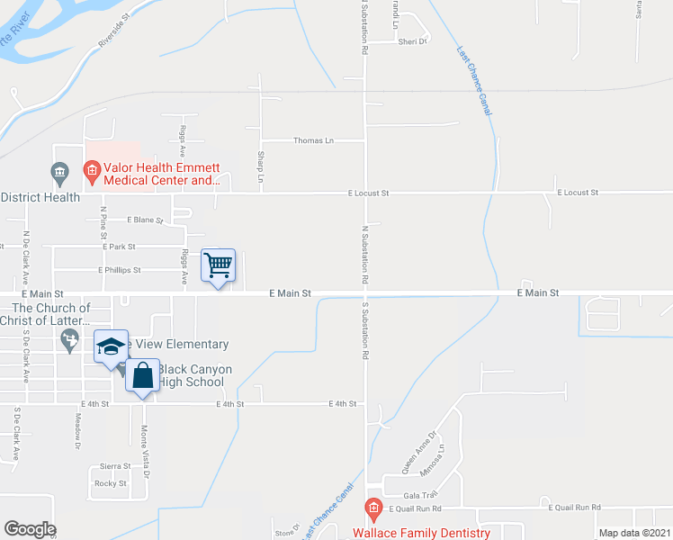 map of restaurants, bars, coffee shops, grocery stores, and more near 1886 East Main Street in Emmett