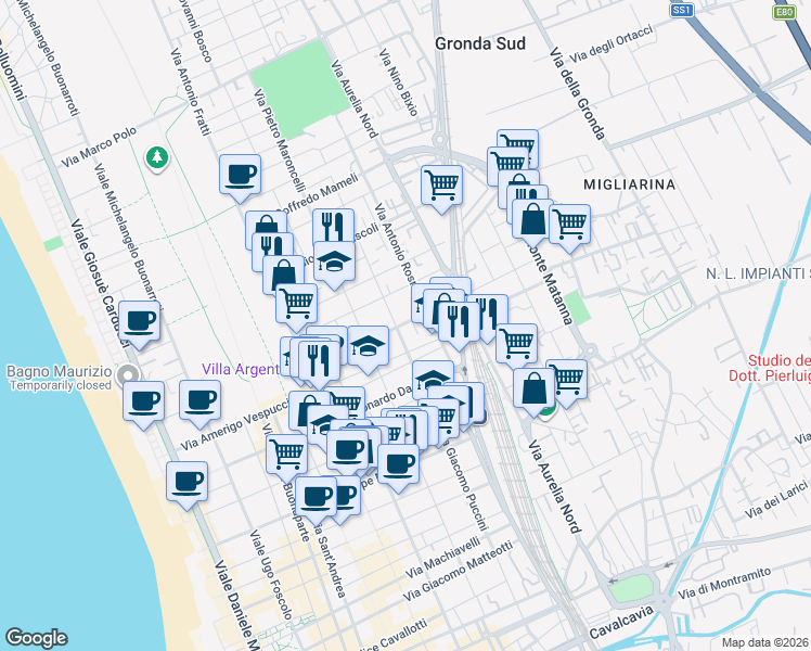 map of restaurants, bars, coffee shops, grocery stores, and more near 162 Via Antonio Pacinotti in Viareggio
