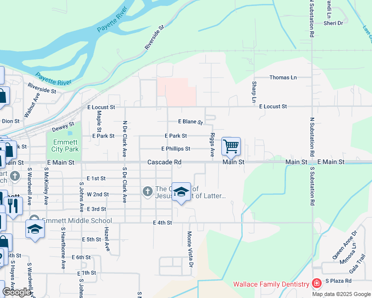 map of restaurants, bars, coffee shops, grocery stores, and more near 1310 East Phillips Street in Emmett