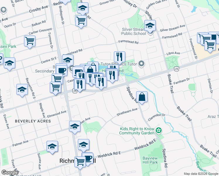 map of restaurants, bars, coffee shops, grocery stores, and more near Major Mackenzie Drive East in Richmond Hill