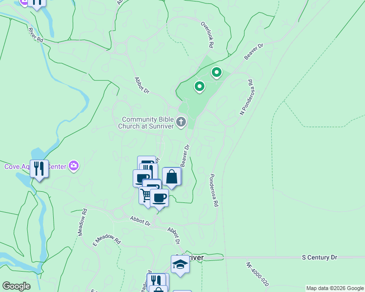 map of restaurants, bars, coffee shops, grocery stores, and more near 57142 Evergreen Loop in Sunriver